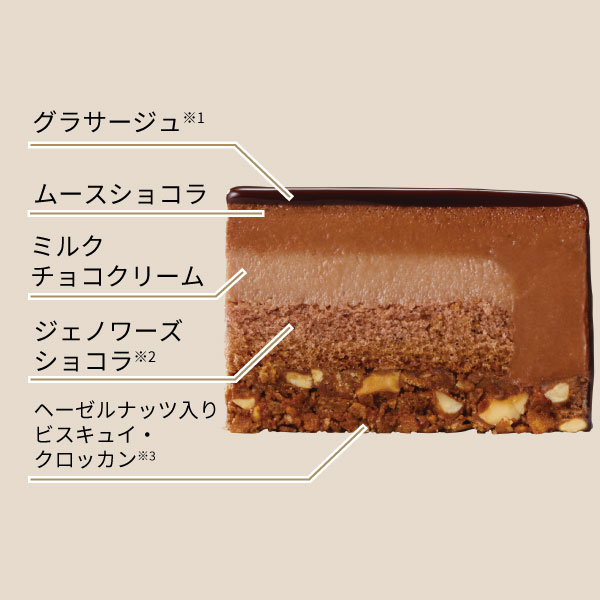 イメージ グラサージュ※1 ムースショコラ ミルクチョコクリーム ジェノワーズショコラ※2 ヘーゼルナッツ入りビスキュイ・クロッカン※3