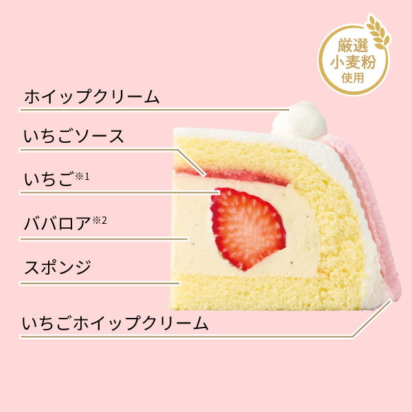イメージ ホイップクリーム いちごソース いちご※1 ババロア※2 スポンジ いちごホイップクリーム 厳選小麦粉使用