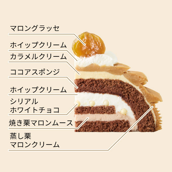 イメージ マロングラッセ カラメルクリーム ココアスポンジ ホイップクリーム シリアルホワイトチョコ 焼き栗マロンムース 蒸し栗マロンクリーム