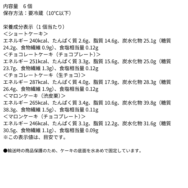 内容量 6個 保存方法：要冷蔵（10℃以下） 栄養成分表示（1個当たり） ＜ショートケーキ＞エネルギー240kcal、たんぱく質2.6g、脂質14.6g、炭水化物25.1g（糖質24.2g、食物繊維0.9g）、食塩相当量0.12g ＜チョコレートケーキ（チョコプレート）＞エネルギー251kcal、たんぱく質3.3g、脂質15.6g、炭水化物25.0g（糖質23.7g、食物繊維1.3g）、食塩相当量0.12g ＜チョコレートケーキ（生チョコ）＞エネルギー287kcal、たんぱく質4.0g、脂質17.9g、炭水化物28.3g（糖質26.4g、食物繊維1.9g）、食塩相当量0.12g ＜マロンケーキ（渋皮栗）＞エネルギー265kcal、たんぱく質3.4g、脂質10.6g、炭水化物39.8g（糖質38.3g、食物繊維1.5g）、食塩相当量0.11g ＜マロンケーキ（チョコプレート）＞エネルギー246kcal、たんぱく質3.1g、脂質12.2g、炭水化物31.6g（糖質30.5g、食物繊維1.1g）、食塩相当量0.09g ※この表示値は、目安です。 ●輸送時の商品保護のため、ケーキの底面を水あめで固定しています。