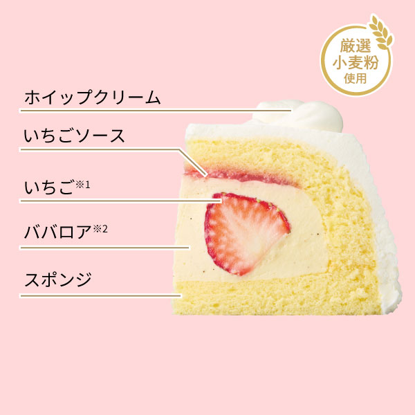 イメージ ホイップクリーム いちごソース いちご※1 ババロア※2 スポンジ 厳選小麦粉使用