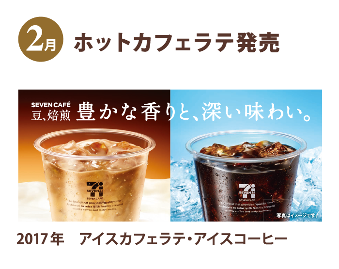 2月 ホットカフェラテ発売 SEVEN CAFÉ 豆、焙煎 豊かな香りと、深い味わい。 写真はイメージです。 2017年 アイスカフェラテ・アイスコーヒー