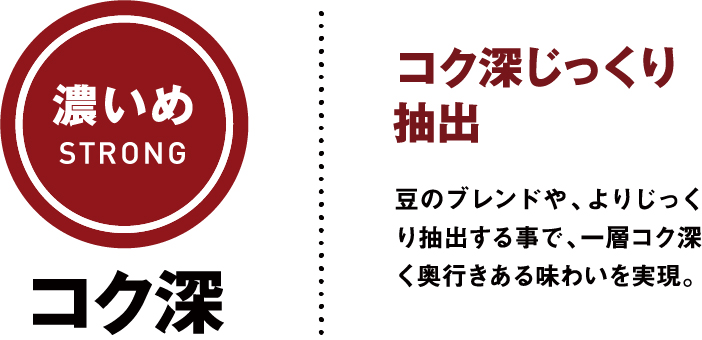 濃いめSTRONG コク深 コク深い飲みごたえが特徴 じっくりと抽出することで芳ばしく香るビターな味わいを表現。