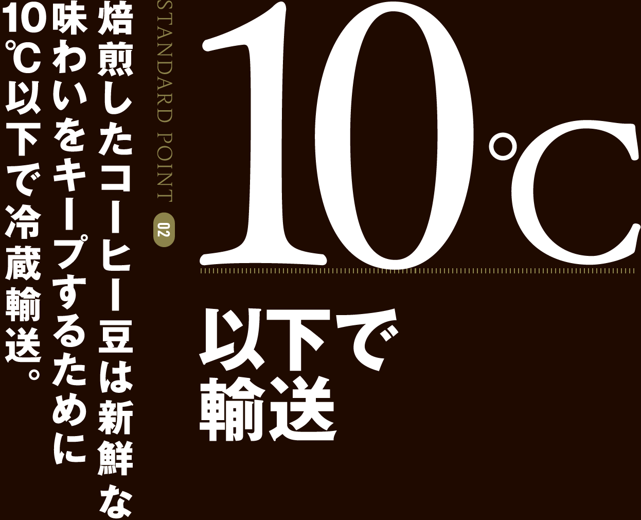 STANDARD POINT 02 10℃以下で輸送 焙煎したコーヒー豆は新鮮な味わいをキープするために10℃以下で冷蔵輸送。