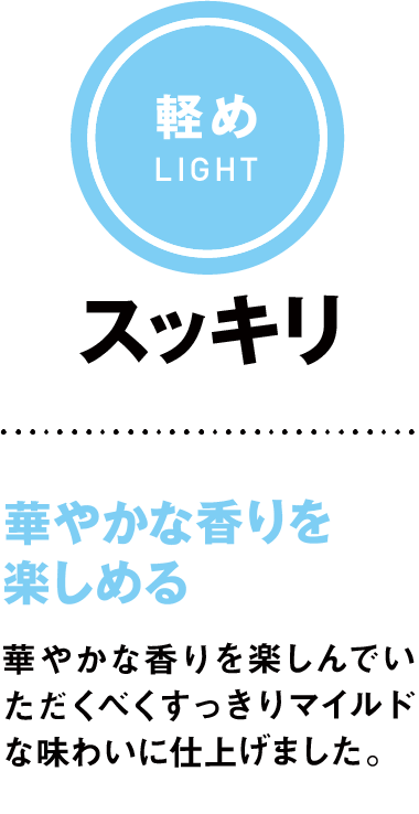 軽めLIGHT スッキリ 華やかな香りを楽しめる 華やかな香りを楽しんでいただくべくすっきりマイルドな味わいに仕上げました。