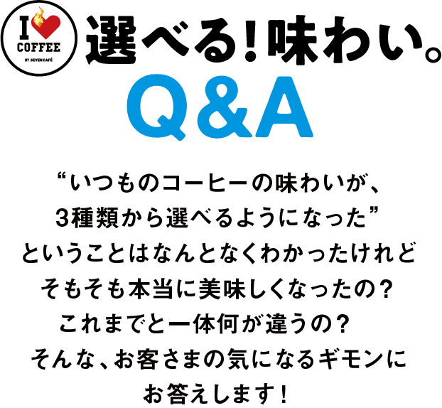 選べる!味わい。Q&A "いつものコーヒーの味わいが、3種類から選べるようになった"ということはなんとなくわかったけれどそもそも本当に美味しくなったの?これまでと一体何が違うの?そんな、お客さまの気になるギモンにお答えします!