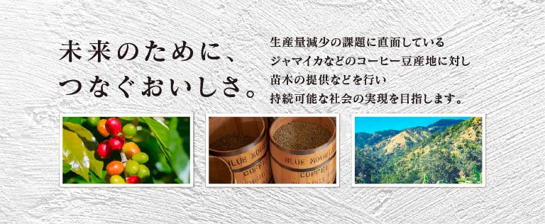 未来のために、つなぐおいしさ。生産量減少の課題に直面しているジャマイカなどのコーヒー豆産地に対し苗木の提供などを行い持続可能な社会の実現を目指します。