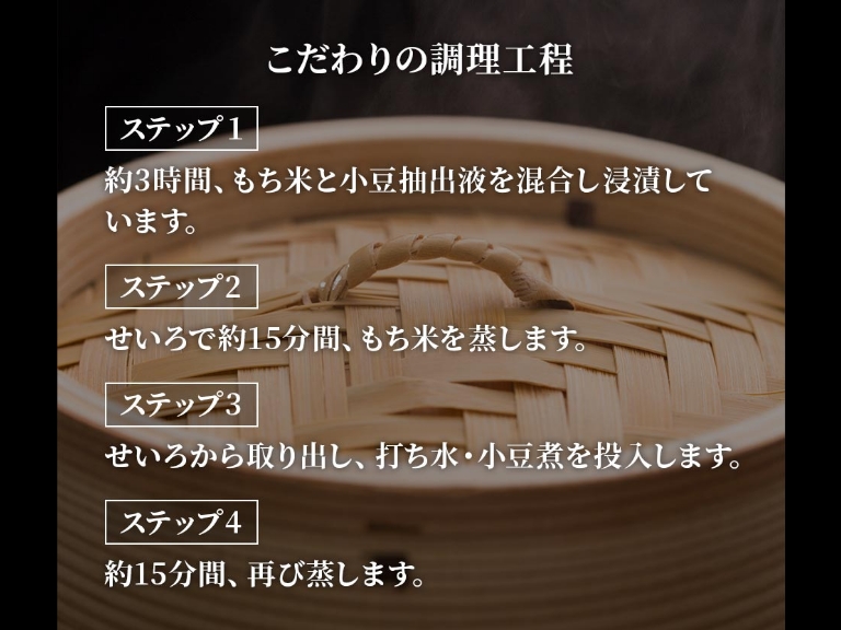 こだわりの調理工程 ステップ1 約3時間、もち米と小豆抽出液を混合し浸漬しています。 ステップ2 せいろで約15分間、もち米を蒸します。 ステップ3 せいろから取り出し、打ち水・小豆煮を投入します。 ステップ4 約15分間、再び蒸します。