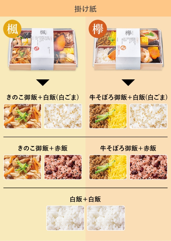掛け紙 楓 きのこ御飯+白飯（白ごま）、きのこ御飯+赤飯、白飯+白飯 欅 牛そぼろ御飯+白飯（白ごま）、牛そぼろ御飯+赤飯、白飯+白飯