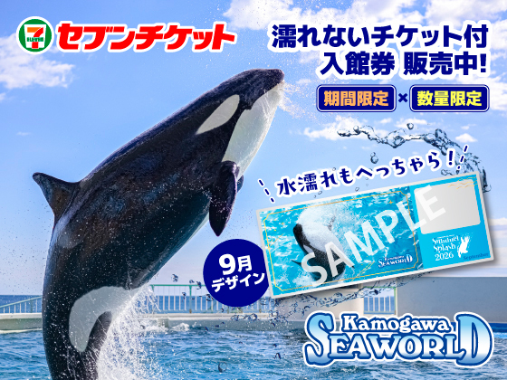 セブンチケット 期間限定 × 数量限定 水濡れもへっちゃら！ 9月デザイン 濡れないチケット付入館券 販売中！ 鴨川シーワールド