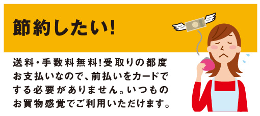 節約したい！「送料・手数料無料！受取りの都度お支払いなので、前払いをカードでする必要がありません。いつものお買物感覚でご利用いただけます。」
