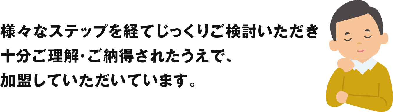 様々なステップを経てじっくりご検討いただき十分ご理解・ご納得されたうえで、加盟していただいています。