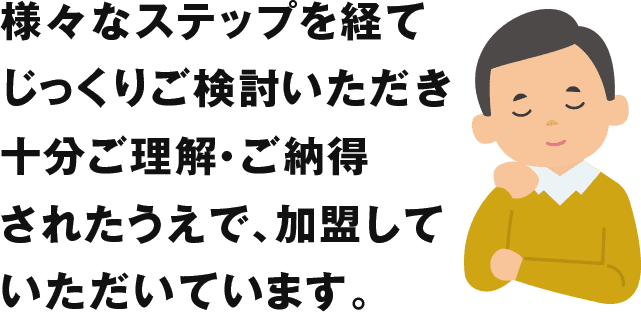 様々なステップを経てじっくりご検討いただき十分ご理解・ご納得されたうえで、加盟していただいています。